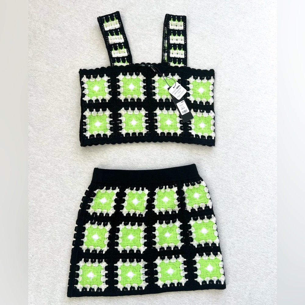 Fashion Nova Black, White & Lime Crochet Granny Mini Skirt & Matching Tank Top